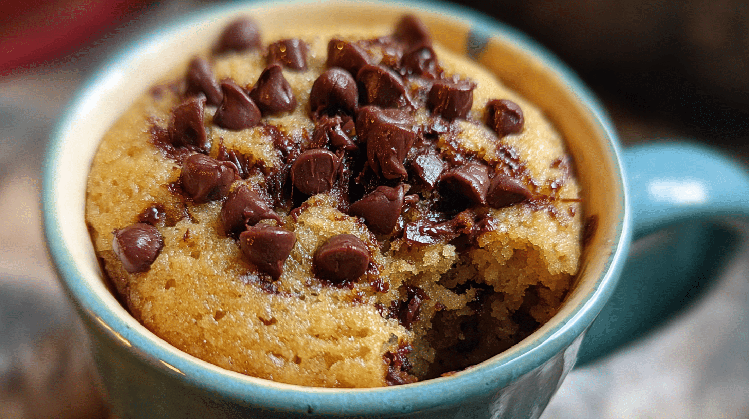 chocolate-chip-cookie-dough-mug-cake-featured Chocolate chip cookie dough mug cake in a ceramic mug