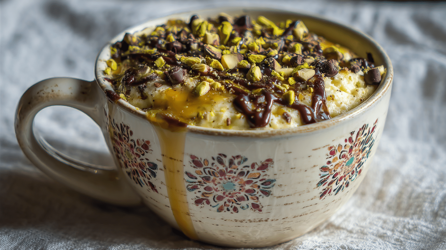 chocolate-pistachio-mug-cake-garnished Garnished chocolate pistachio cottage cheese mug cake