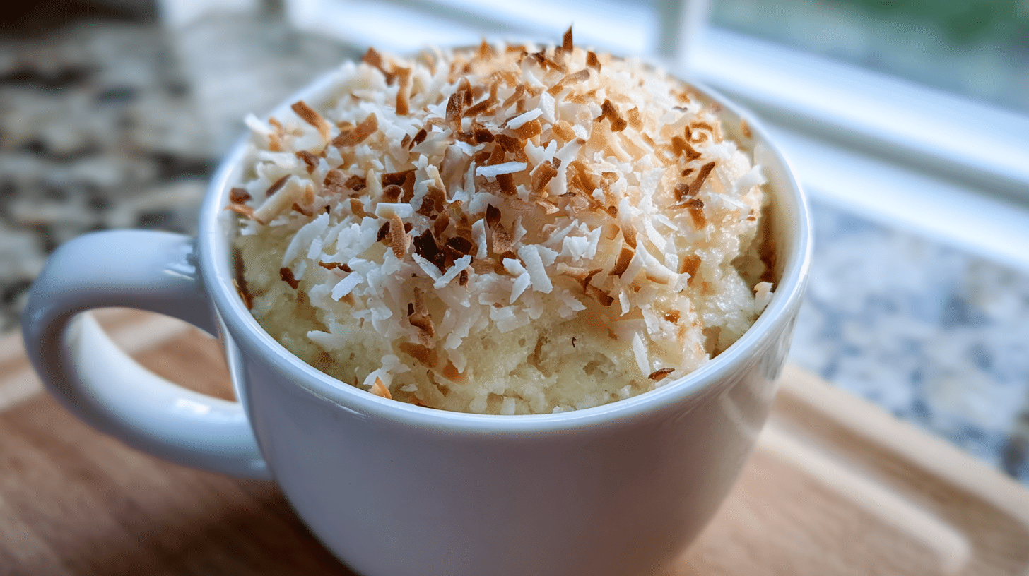 coconut-almond-mug-cake-featured Coconut almond mug cake served warm in a mug with toasted coconut topping