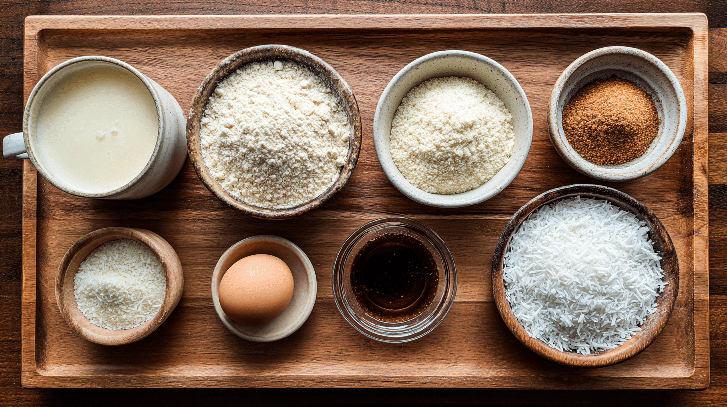 coconut-almond-mug-cake-ingredients Ingredients laid out for a coconut almond mug cake on a wooden kitchen board