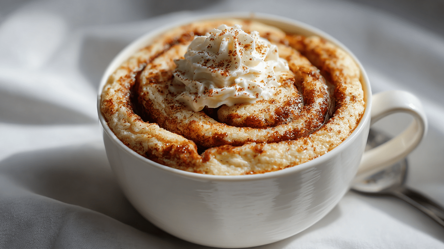 cottage-cheese-cinnamon-roll-mug-cake-featured Cottage Cheese Cinnamon Roll Mug Cake with cinnamon swirl and frosting