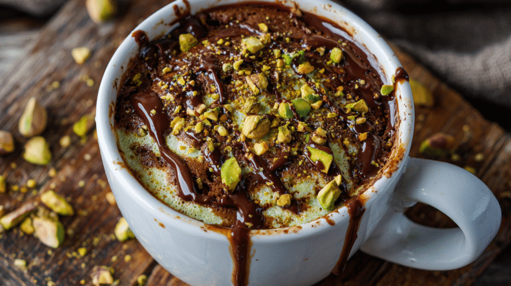 Gooey Chocolate Pistachio Cottage Cheese Mug Cake: A 1-Minute Dessert Dream 3 Gooey Chocolate Pistachio Cottage Cheese Mug Cake in ceramic mug