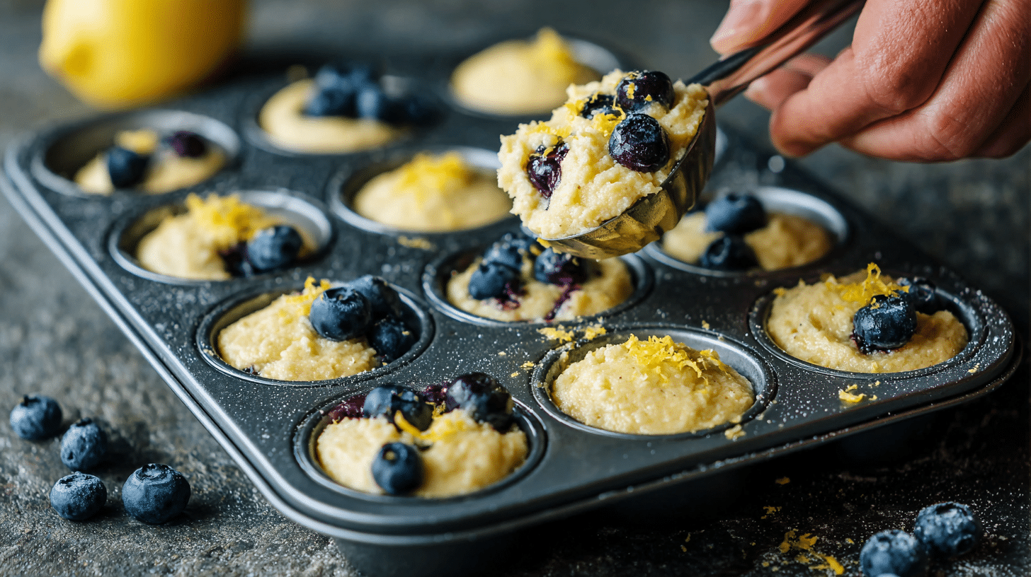 greek-yogurt-pancake-batter-blueberry Scooping Greek yogurt pancake batter into muffin pan