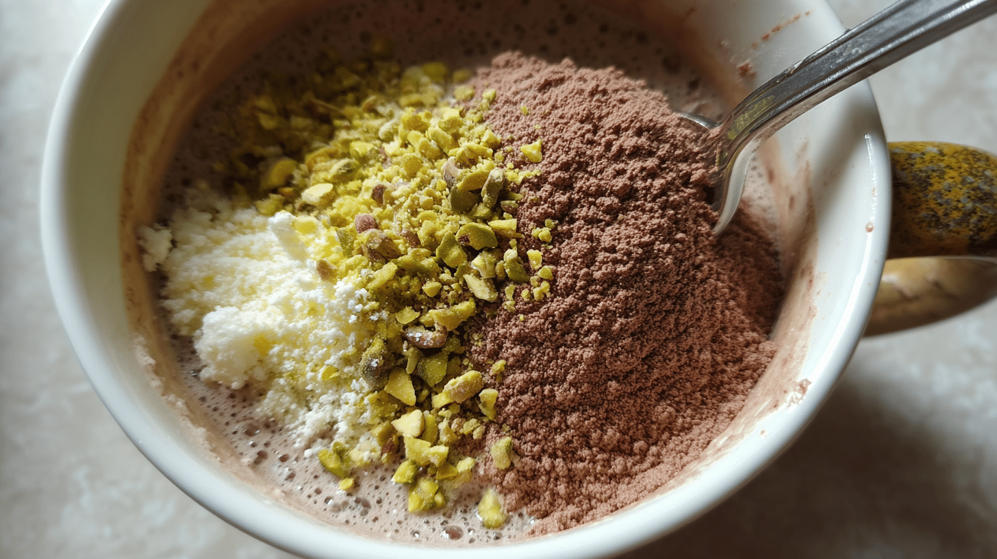 mixing-gooey-chocolate-mug-cake-batter Mixing cottage cheese chocolate mug cake batter