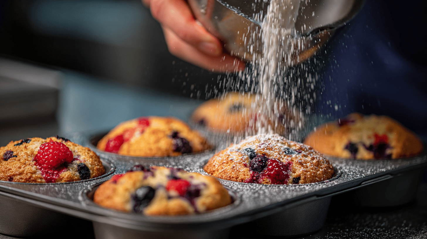 pouring-batter-triple-berry-cottage-cheese-oat-muffins Pouring batter for Triple Berry Cottage Cheese Oat Muffins into muffin tin