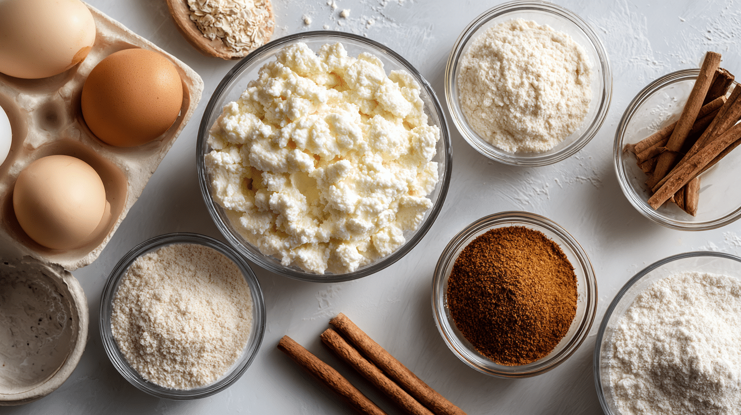 protein-cottage-cheese-cinnamon-roll-bake-ingredients Measured ingredients for protein cottage cheese cinnamon roll bake including cottage cheese, eggs, almond flour, and cinnamon