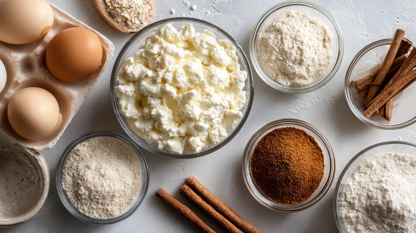 protein-cottage-cheese-cinnamon-roll-bake-ingredients Measured ingredients for protein cottage cheese cinnamon roll bake including cottage cheese, eggs, almond flour, and cinnamon