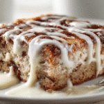 Protein Cottage Cheese Cinnamon Roll Bake – High-Protein, Warm & Cozy Breakfast Casserole 2 Square slice of protein cottage cheese cinnamon roll bake with Greek yogurt drizzle on a plate