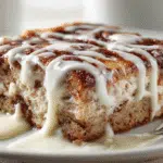Protein Cottage Cheese Cinnamon Roll Bake – High-Protein, Warm & Cozy Breakfast Casserole 2 Square slice of protein cottage cheese cinnamon roll bake with Greek yogurt drizzle on a plate