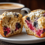 Triple Berry Cottage Cheese Oat Muffins – High-Protein & Kid-Friendly Recipe 2 Triple Berry Cottage Cheese Oat Muffin served with coffee