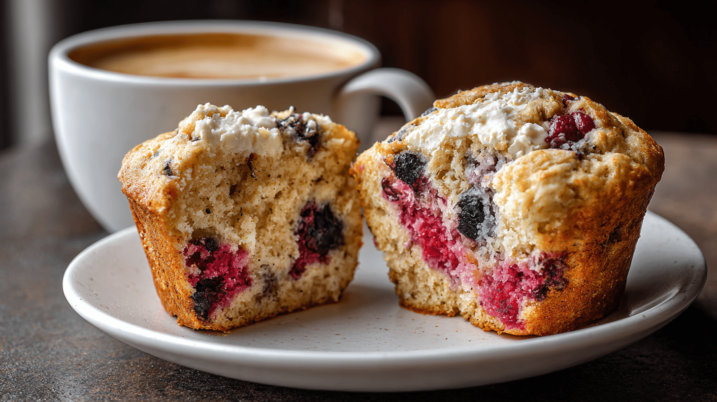 serving-triple-berry-cottage-cheese-oat-muffins Triple Berry Cottage Cheese Oat Muffin served with coffee