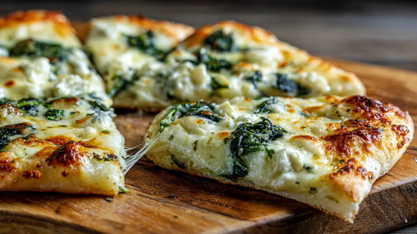 Slice of garlic spinach white pizza on cottage cheese crust