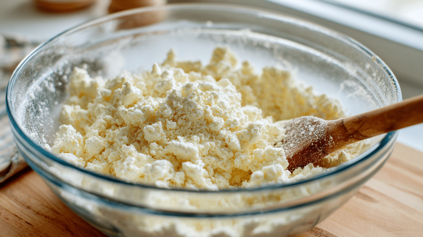 mixing-2-ingredient-cottage-cheese-flatbread Mixing cottage cheese and almond flour for flatbread dough