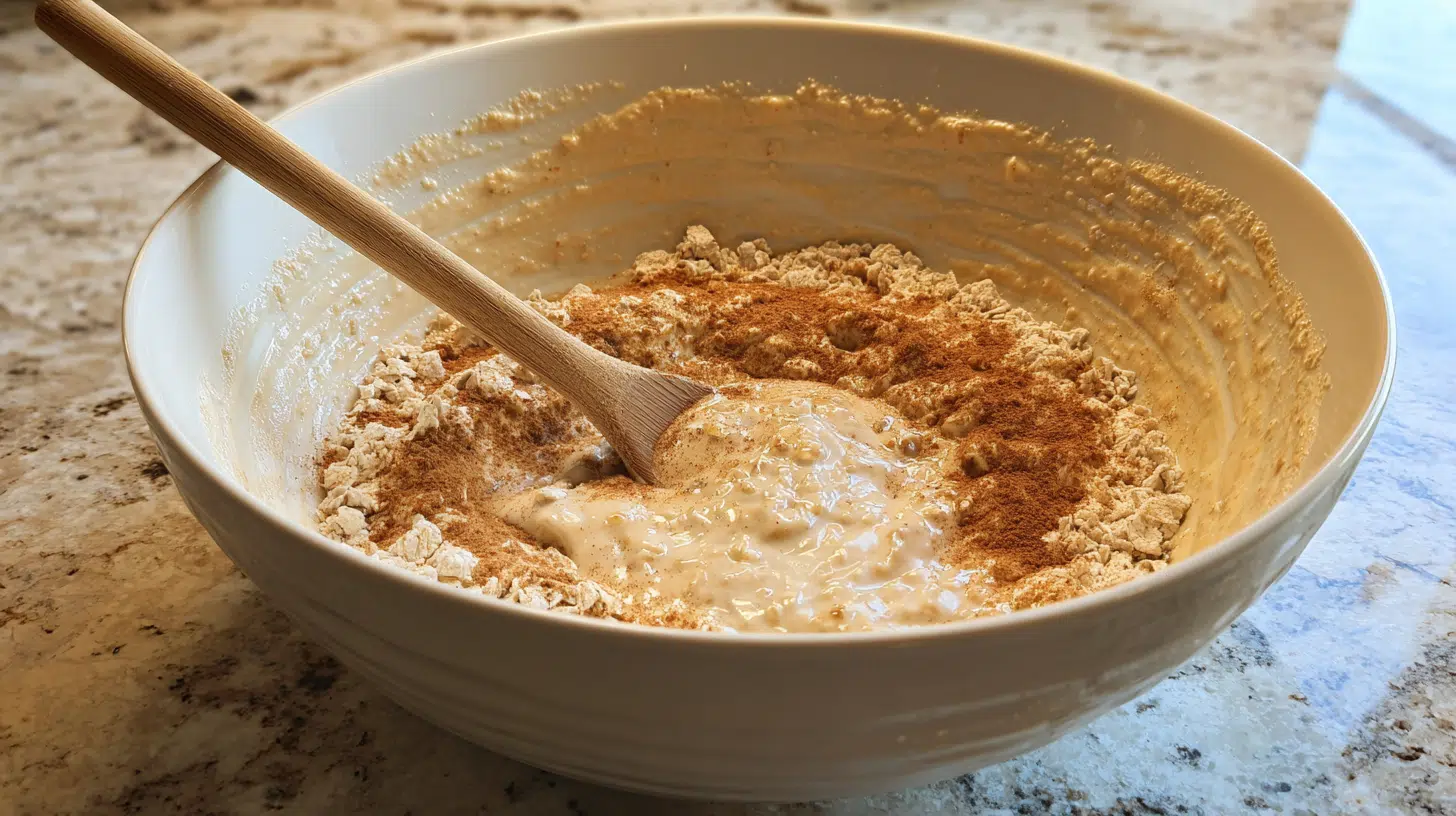 mixing-apple-pie-oatmeal-bars-batter mixing apple pie greek yogurt oatmeal bar batter
