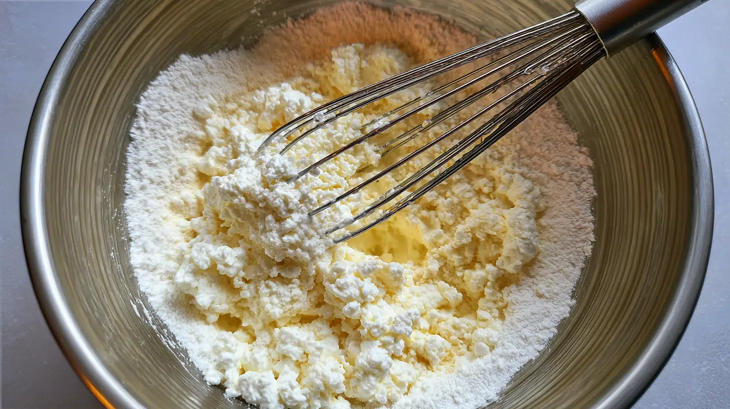 mixing-cottage-cheese-breakfast-biscuit-batter. mixing cottage cheese and almond flour batter for breakfast biscuit