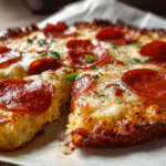 Pepperoni Pizza on Cottage Cheese Crust – Cheesy, Classic & Low-Carb 2 A close-up shot of a golden-brown pepperoni pizza on a cottage cheese crust, with one slice slightly pulled out. The crust is crispy and browned around the edges, topped with melted mozzarella cheese, curled pepperoni slices, and a sprinkle of herbs.