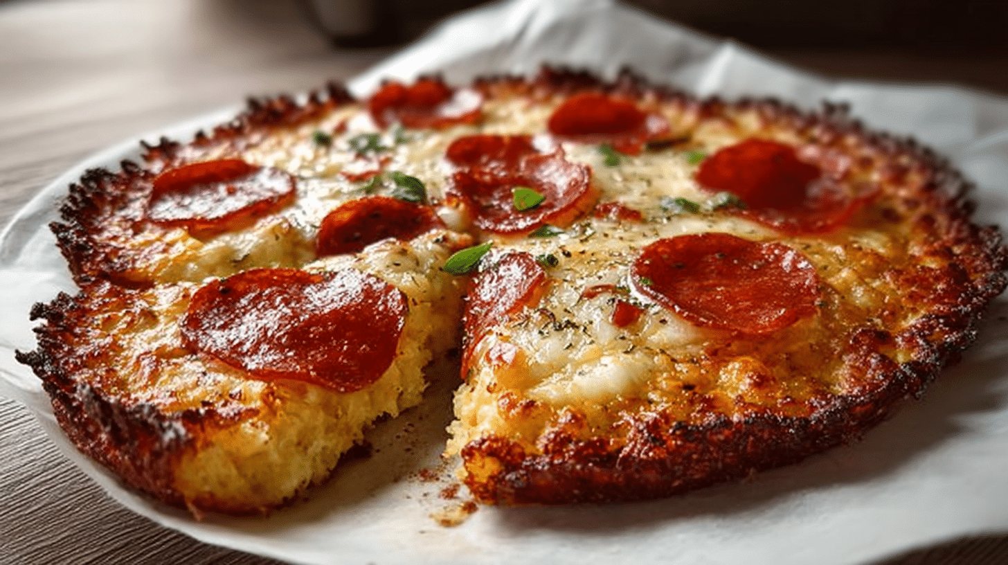 pepperoni-pizza-cottage-cheese-crust A close-up shot of a golden-brown pepperoni pizza on a cottage cheese crust, with one slice slightly pulled out. The crust is crispy and browned around the edges, topped with melted mozzarella cheese, curled pepperoni slices, and a sprinkle of herbs.