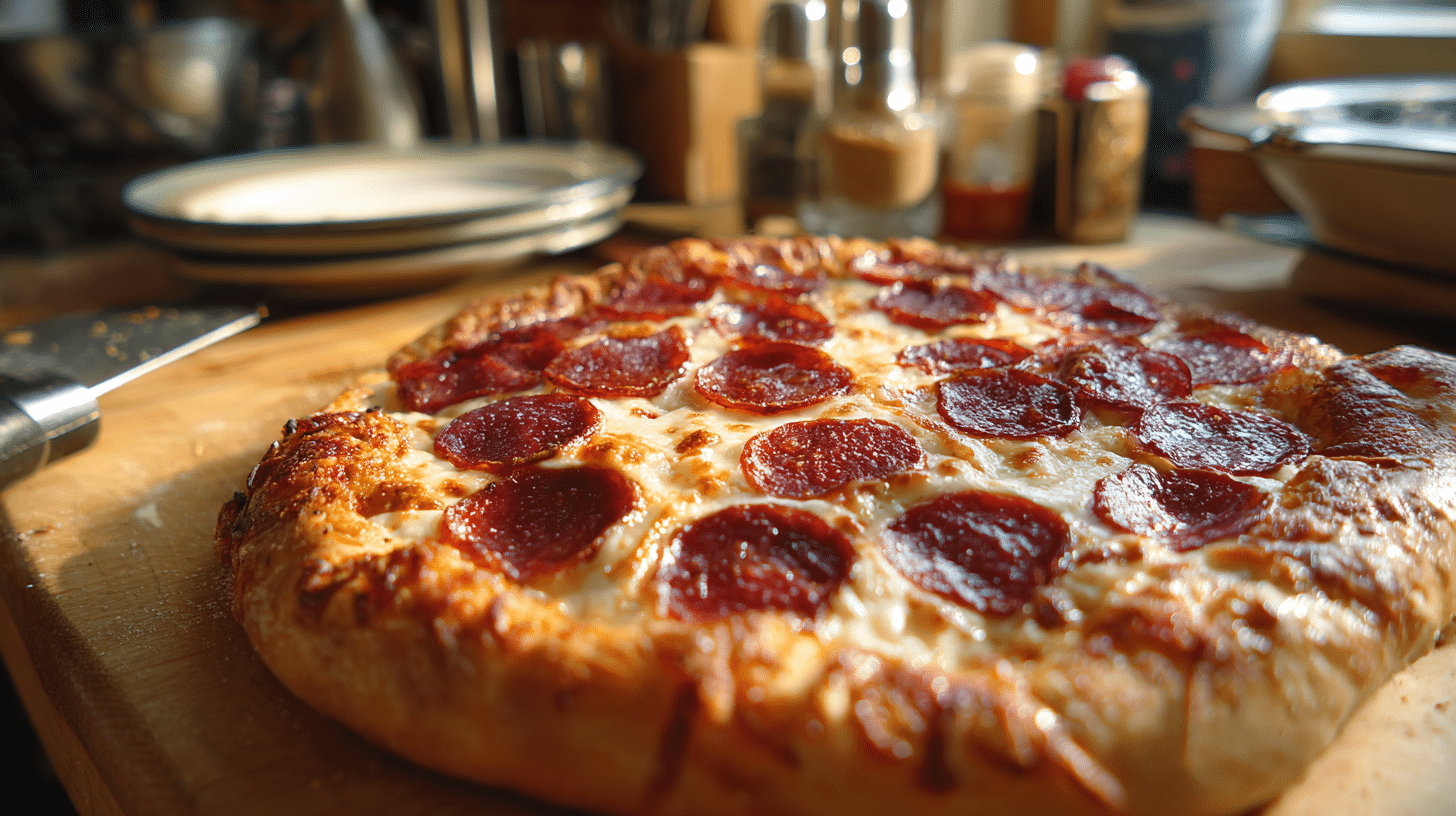 pepperoni-pizza-on-cottage-cheese-crust Finished homemade pepperoni pizza on cottage cheese crust with melted cheese and herbs