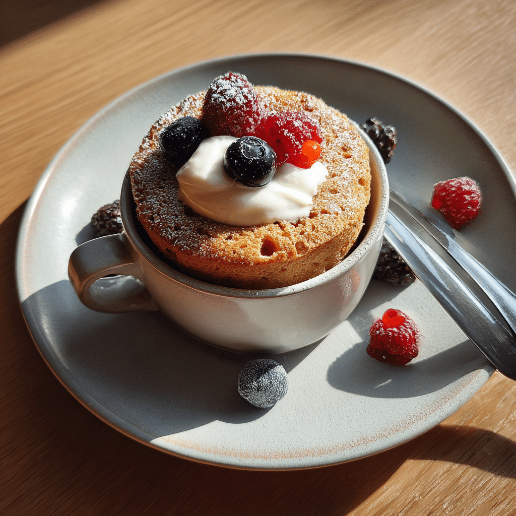 mug-cake-coco-almendra-serving.jpg Serving Mug Cake de Coco y Almendra with yogurt and berries
