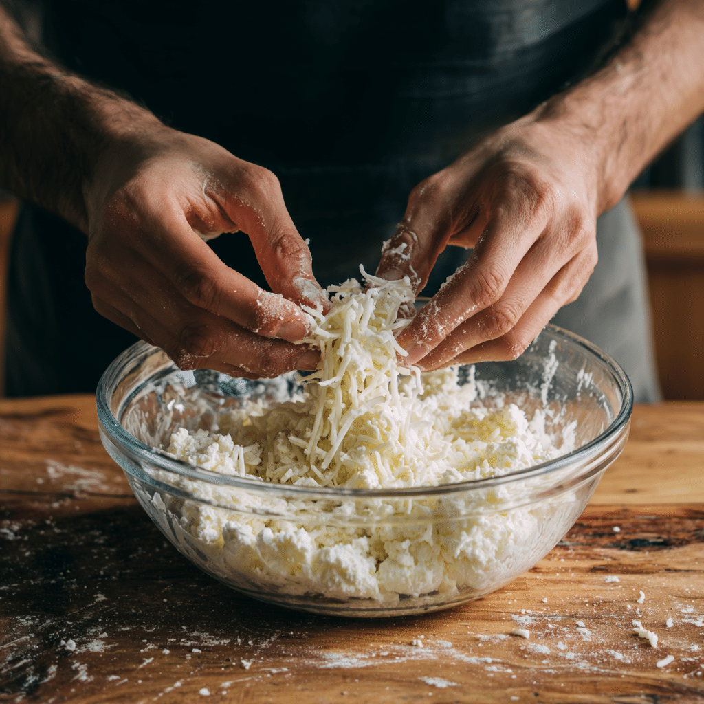 mixing-cottage-cheese-and-mozzarella.jpg Mixing cottage cheese and mozzarella for low-carb cheese sticks