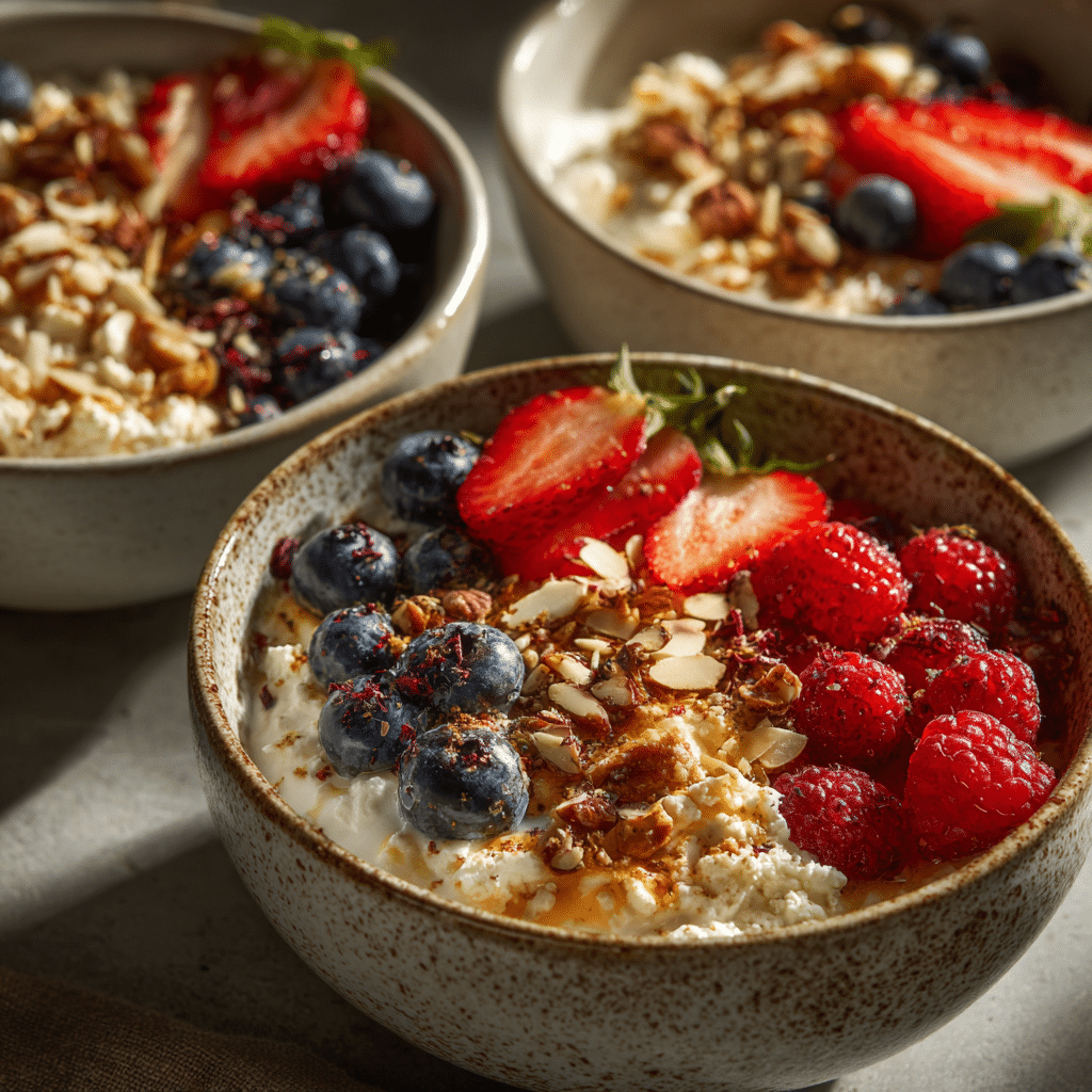 toppings-for-baked-blueberry-cottage-cheese-bowls.jpg Topping variations for baked blueberry cottage cheese breakfast bowls