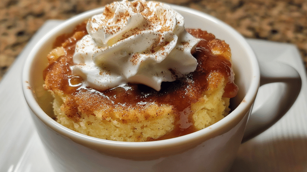 Apple Cinnamon Cottage Cheese Mug Cake – Warm, Protein-Packed & Fall-Inspired 4 Apple Cinnamon Cottage Cheese Mug Cake served warm in a mug on a kitchen table