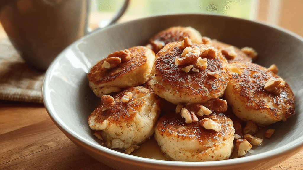 Banana Nut Cottage Cheese Pancake Bites – Fluffy, Sweet & Protein-Packed 4 Close-up of Banana Nut Cottage Cheese Pancake Bites on a wooden table, bathed in natural daylight with a cozy, homey kitchen background.
