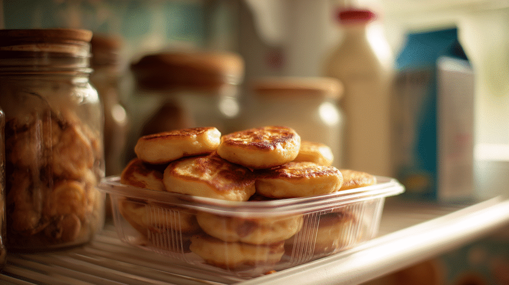 Banana Nut Cottage Cheese Pancake Bites – Fluffy, Sweet & Protein-Packed 5 Close-up of Banana Nut Cottage Cheese Pancake Bites stored in a clear container in a fridge, with natural light and a realistic kitchen setting.