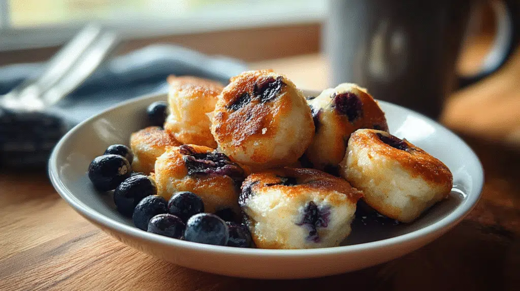 Blueberry Cottage Cheese Pancake Bites – Air Fryer or Oven, High-Protein & Sweet 4 Close-up of golden blueberry cottage cheese pancake bites on a white plate, casually photographed on a wooden kitchen table in natural daylight.