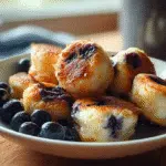 Blueberry Cottage Cheese Pancake Bites – Air Fryer or Oven, High-Protein & Sweet 6 Close-up of golden blueberry cottage cheese pancake bites on a white plate, casually photographed on a wooden kitchen table in natural daylight.