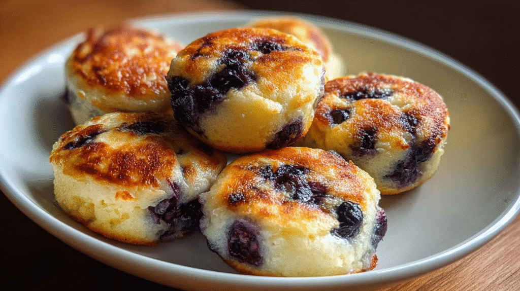 Blueberry Lemon Cottage Cheese Pancake Bites – Zesty, Juicy & Protein-Packed 4 Blueberry Lemon Cottage Cheese Pancake Bites on a plate in a cozy kitchen.