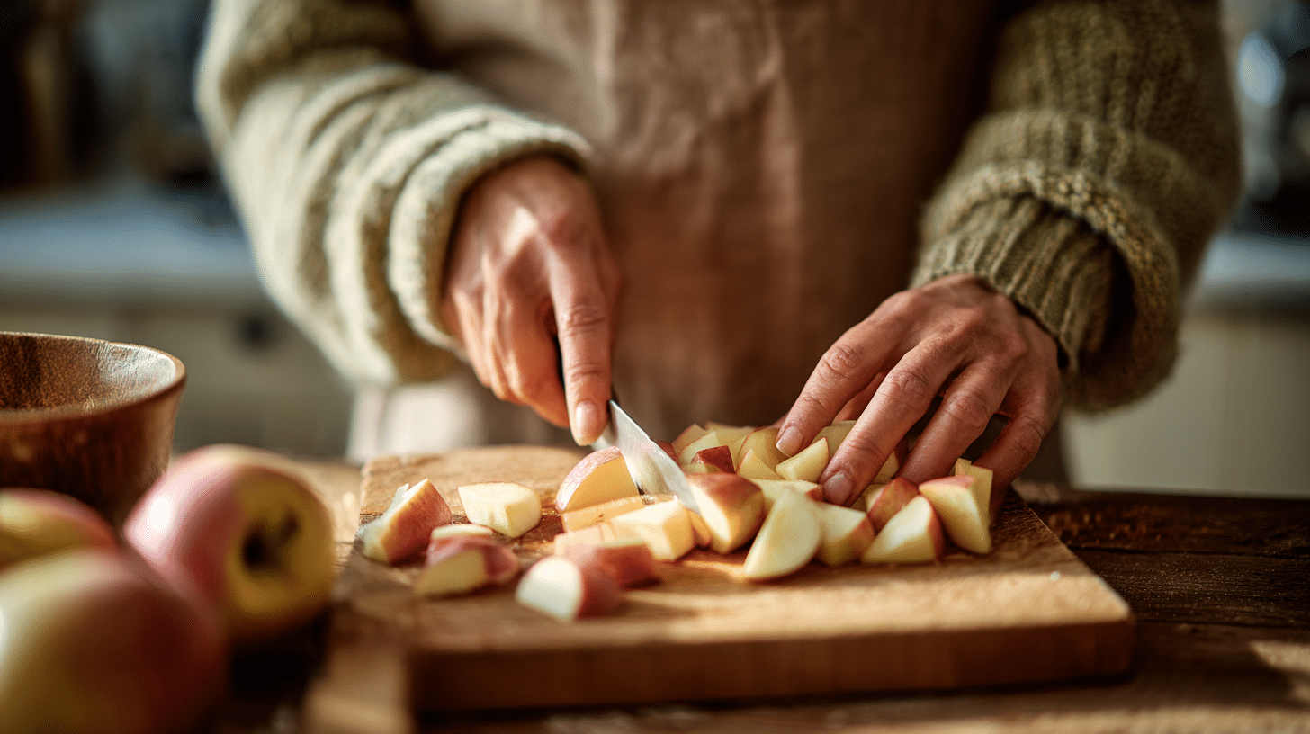 chopping-apples-for-cottage-cheese-pancake-bites Chopping fresh apples on a cutting board for cottage cheese pancake bites., Cinnamon Apple Cottage Cheese Pancake Bites
