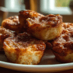 Cinnamon Apple Cottage Cheese Pancake Bites (Air Fryer or Oven) 2 Cinnamon apple cottage cheese pancake bites on a plate in natural daylight.