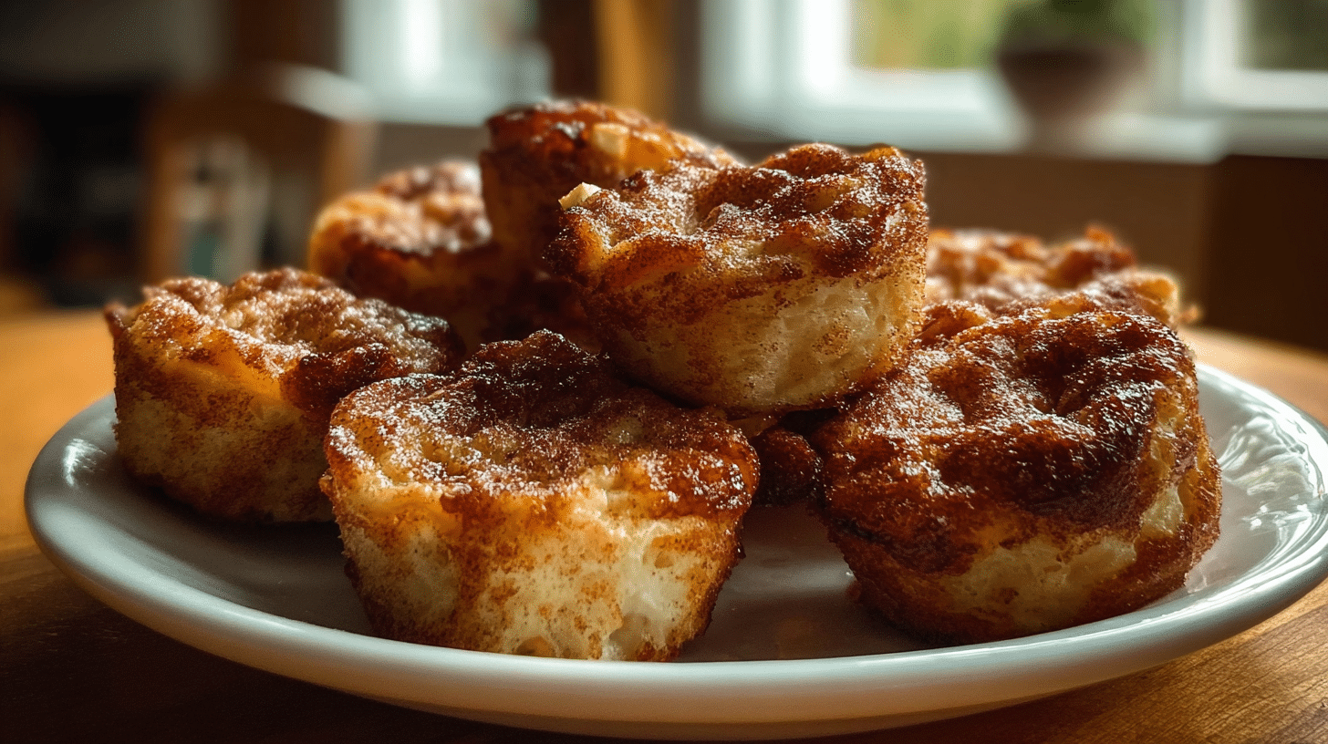 cinnamon-apple-cottage-cheese-pancake-bites-featured Cinnamon apple cottage cheese pancake bites on a plate in natural daylight.