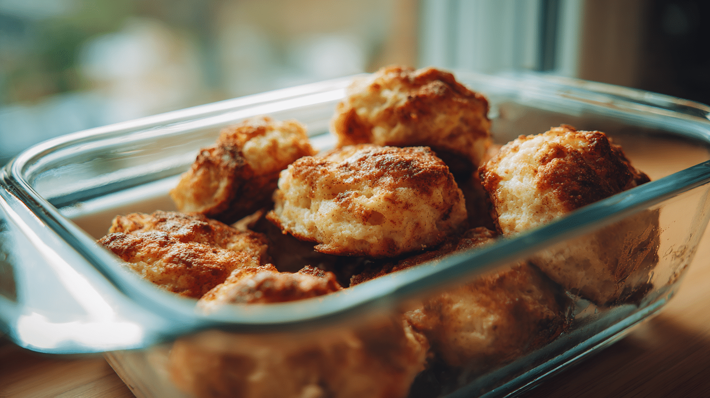 cinnamon-apple-cottage-cheese-pancake-bites-storage Cinnamon apple cottage cheese pancake bites stored in a glass container in the fridge.