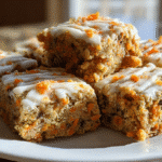 Cottage Cheese Carrot Cake Bars – Protein-Packed & Naturally Sweetened 2 Freshly baked cottage cheese carrot cake bars on a kitchen table in natural daylight.