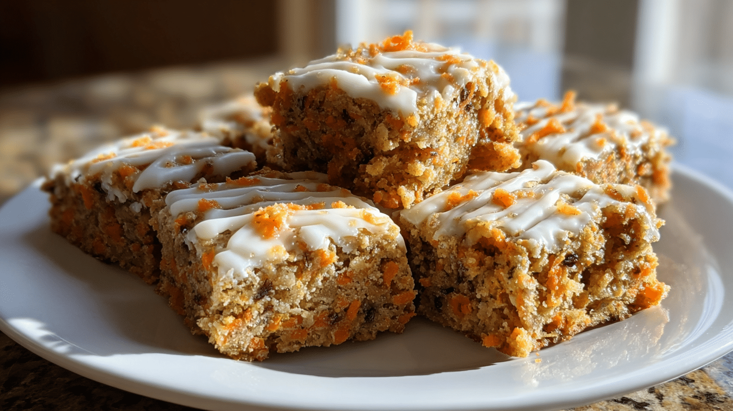 cottage-cheese-carrot-cake-bars-featured Freshly baked cottage cheese carrot cake bars on a kitchen table in natural daylight.
