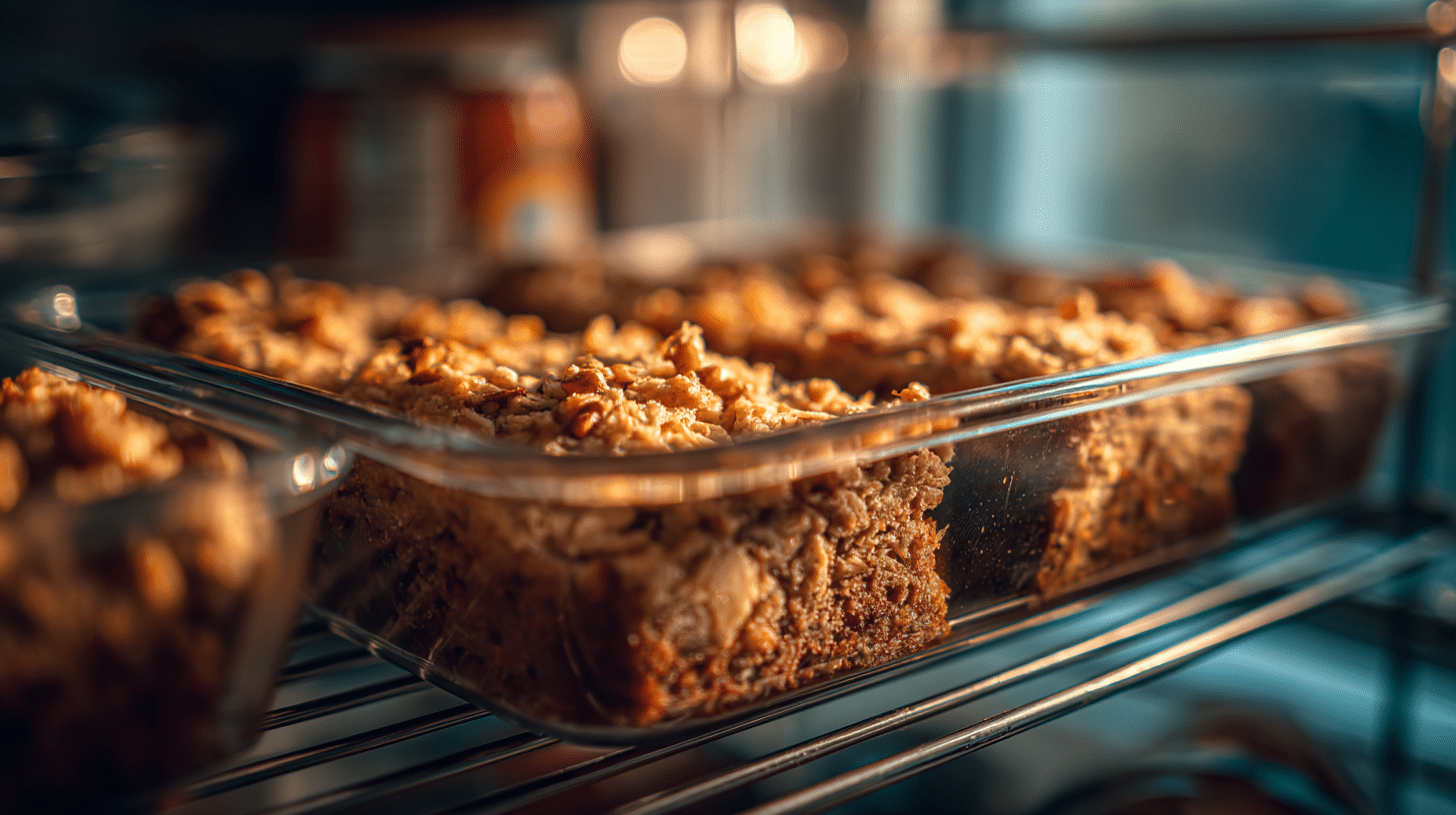cottage-cheese-carrot-cake-bars-storage Leftover cottage cheese carrot cake bars stored in a glass container in the fridge.
