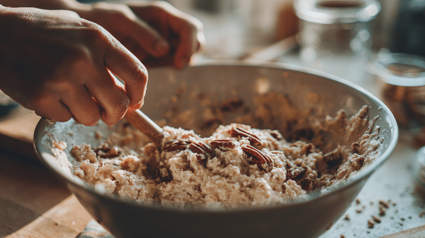 cottage-cheese-pecan-pie-bars-batter-prep Hands mixing cottage cheese pecan pie bar batter in a bowl