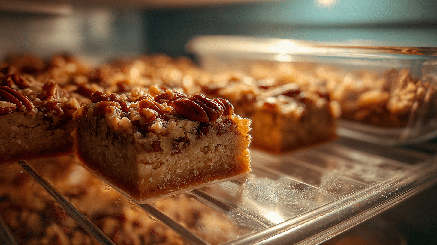 cottage-cheese-pecan-pie-bars-storage Cottage Cheese Pecan Pie Bars stored in a container inside a fridge