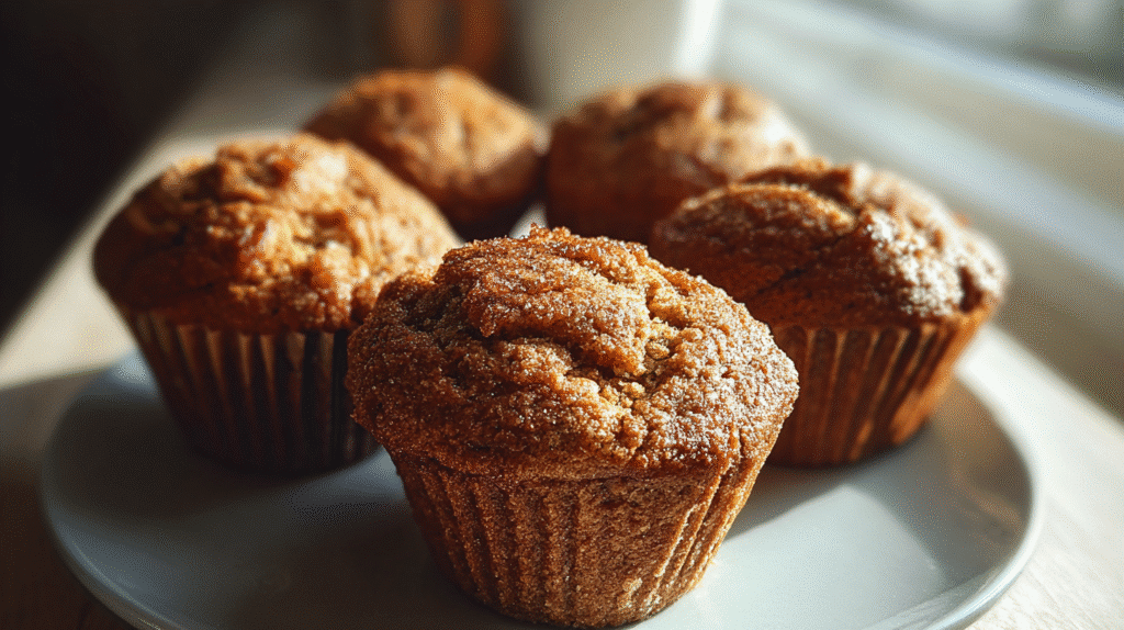 Flourless Apple Cinnamon Muffins – Warm, Cozy & Gluten-Free 4 Freshly baked flourless apple cinnamon muffins on a kitchen table, photographed in natural daylight.