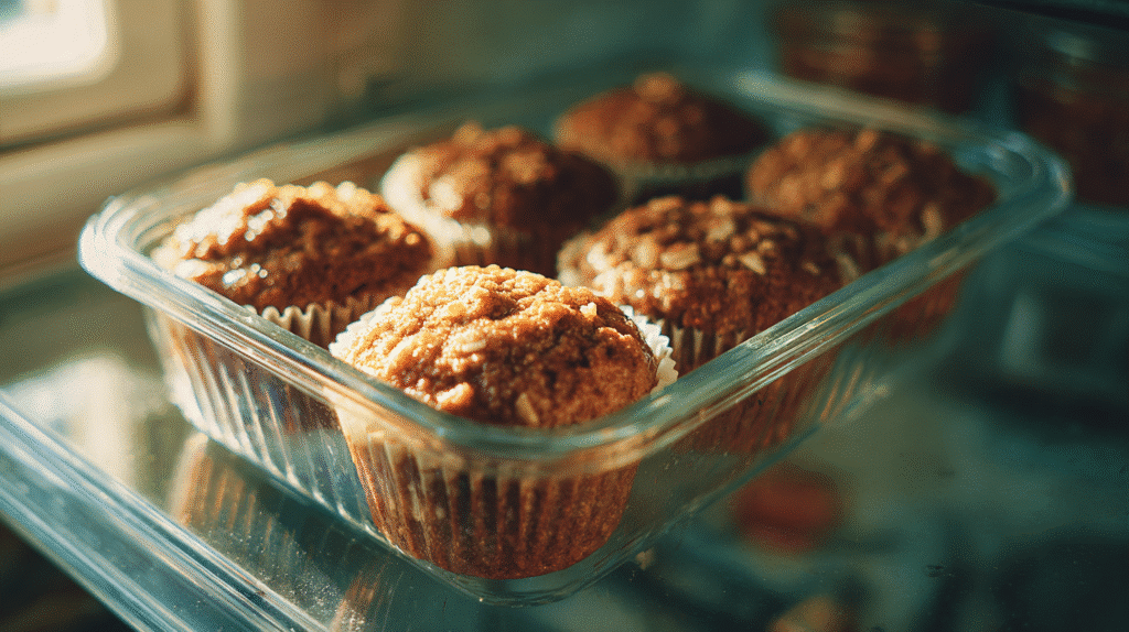 Flourless Apple Cinnamon Muffins – Warm, Cozy & Gluten-Free 5 Flourless apple cinnamon muffins stored in a food container inside a fridge for easy snacking.