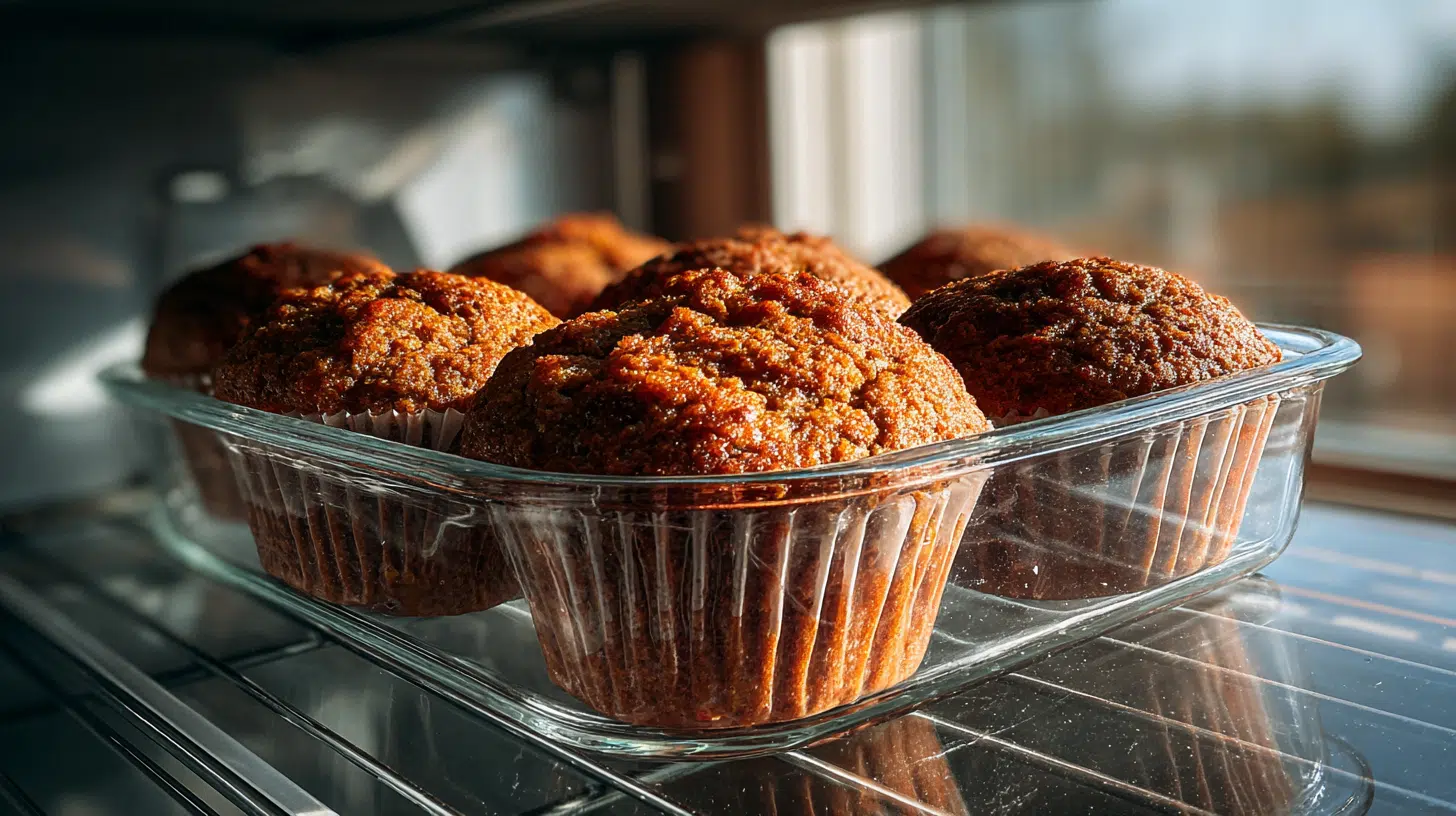 flourless-pumpkin-muffins-storage Flourless pumpkin muffins stored in a glass container in the fridge