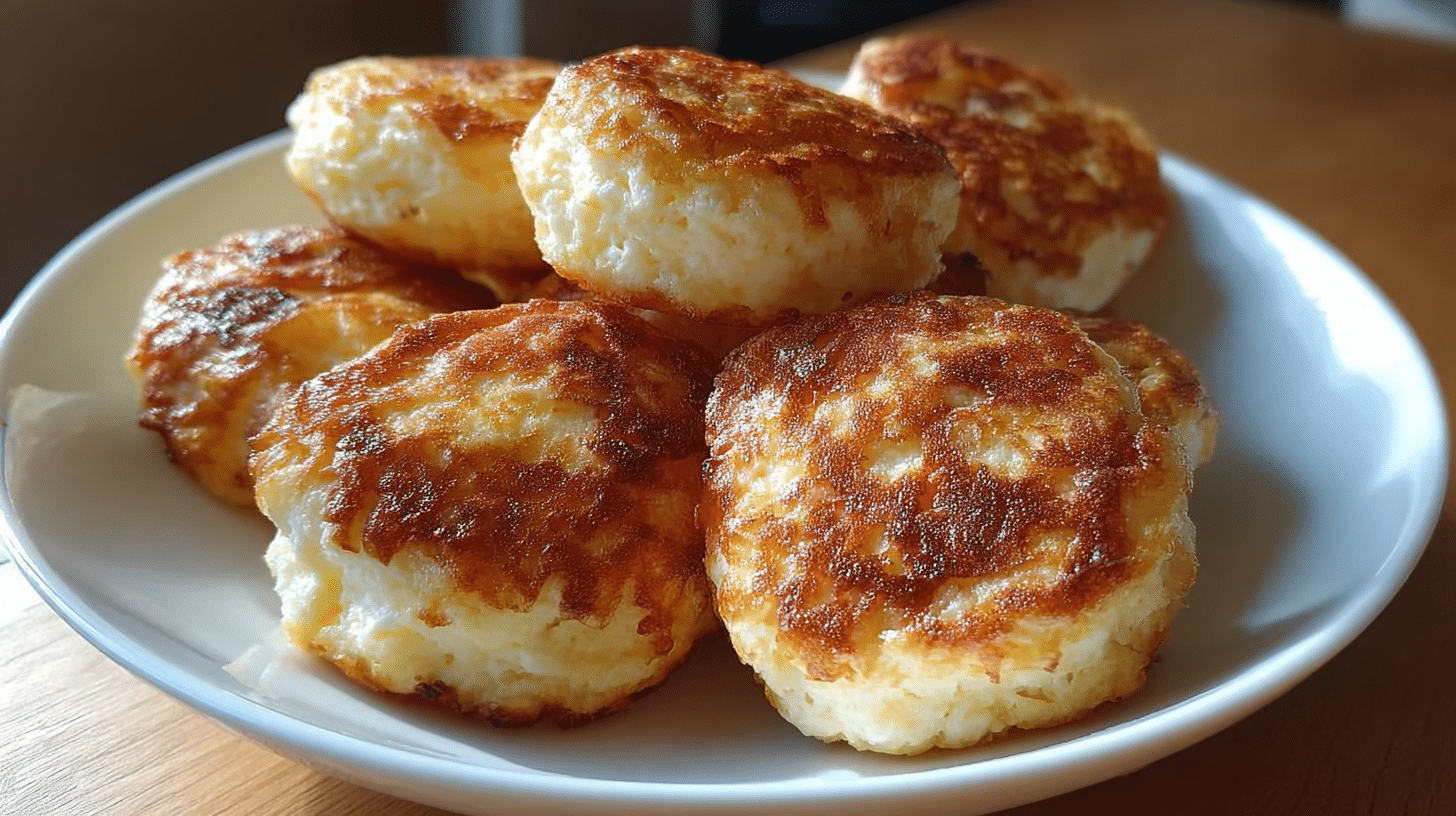 fluffy-cottage-cheese-pancake-bites-featured Fluffy cottage cheese pancake bites on a white plate in a cozy kitchen with natural daylight.