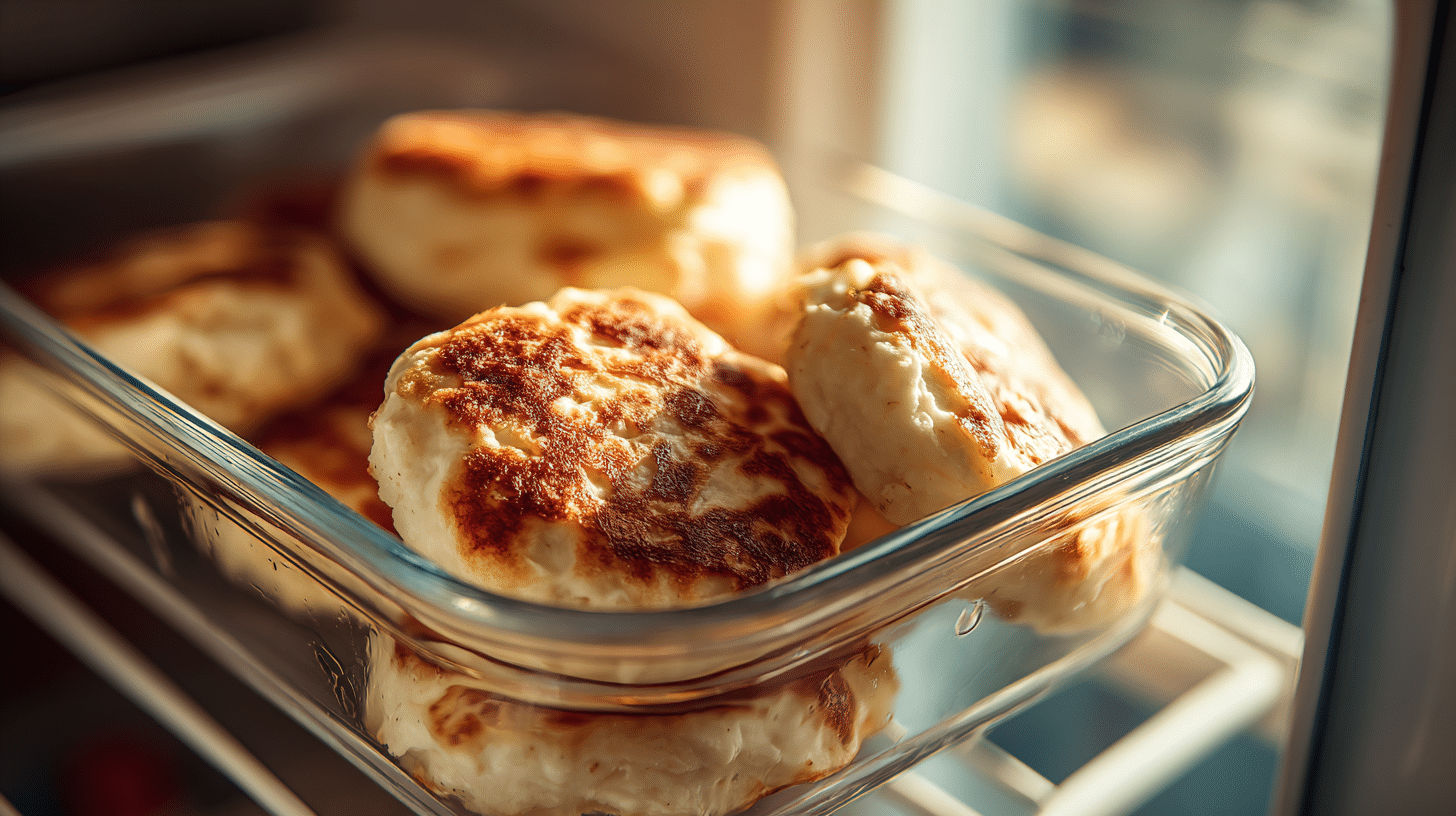 fluffy-cottage-cheese-pancake-bites-storage Fluffy cottage cheese pancake bites stored in a glass container inside a fridge.