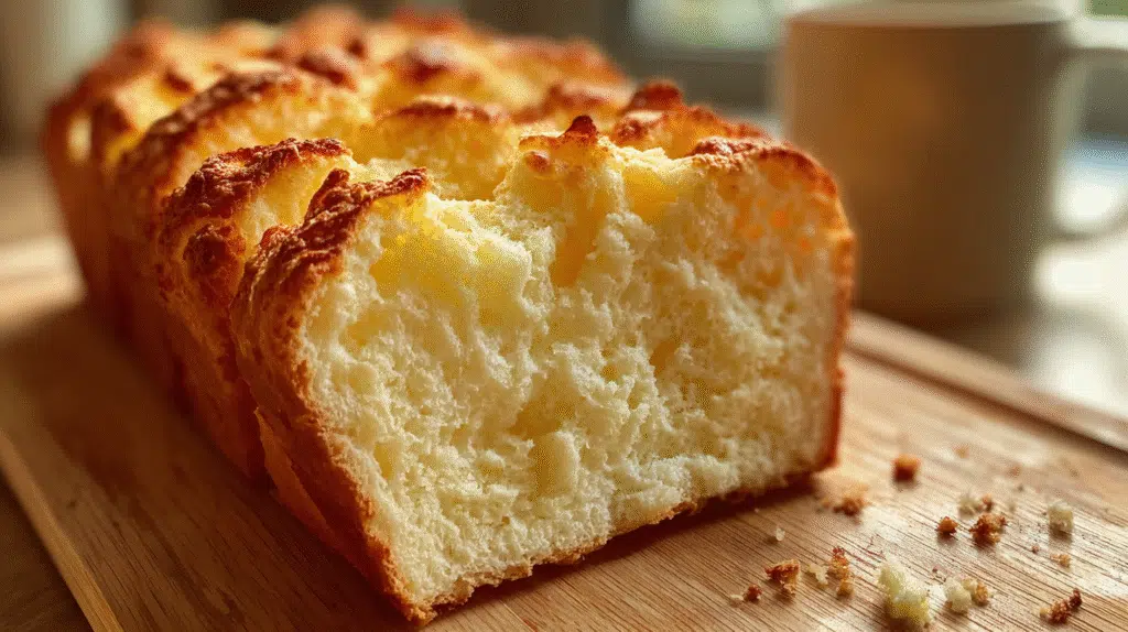 Fluffy Cottage Cheese Bread: Your New Low-Carb, High-Protein Staple 4 A close-up slice of fluffy low-carb cottage cheese bread on a wooden board in a home kitchen.