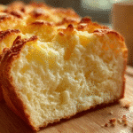 Fluffy Cottage Cheese Bread: Your New Low-Carb, High-Protein Staple 6 A close-up slice of fluffy low-carb cottage cheese bread on a wooden board in a home kitchen.