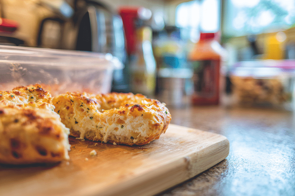 Garlic-Parmesan Cottage Cheese Bagels – Soft, Chewy & High-Protein 5 Close-up of a sliced Garlic-Parmesan Cottage Cheese Bagel beside a container of leftovers in a fridge, casually shot with an iPhone in a home kitchen.