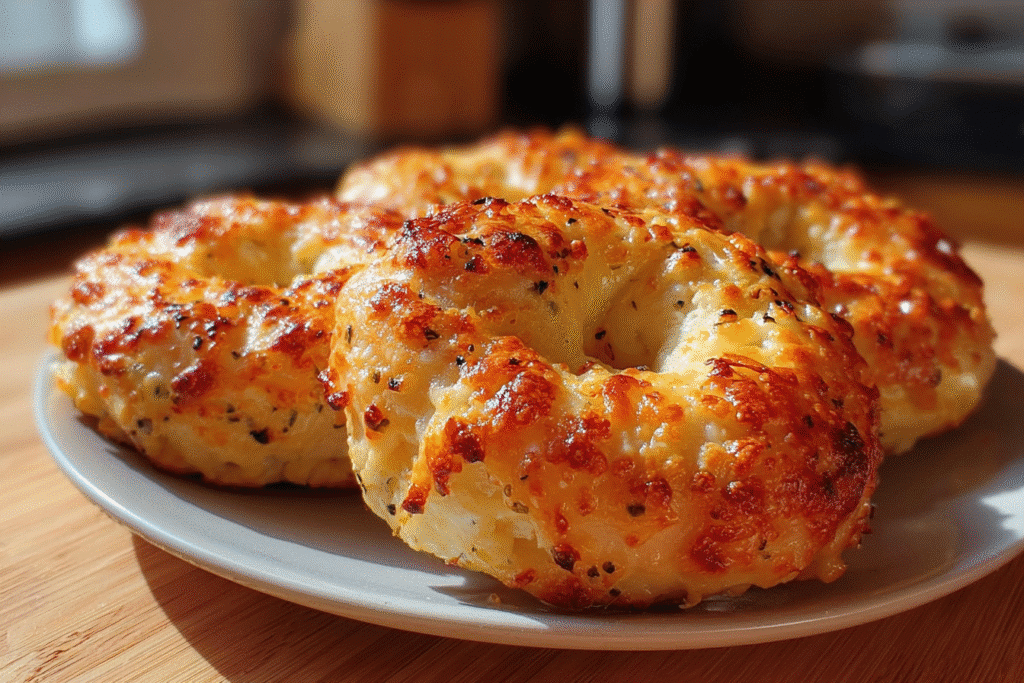 Garlic-Parmesan Cottage Cheese Bagels – Soft, Chewy & High-Protein 4 Close-up of golden-brown garlic-parmesan cottage cheese bagels on a white plate, casually photographed in a home kitchen with natural daylight.