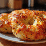 Garlic-Parmesan Cottage Cheese Bagels – Soft, Chewy & High-Protein 6 Close-up of golden-brown garlic-parmesan cottage cheese bagels on a white plate, casually photographed in a home kitchen with natural daylight.